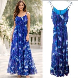 Blue Watercolor Ruffle Sheer Maxi Dress 10 Wedding Guest Romantic Flowy Cruise